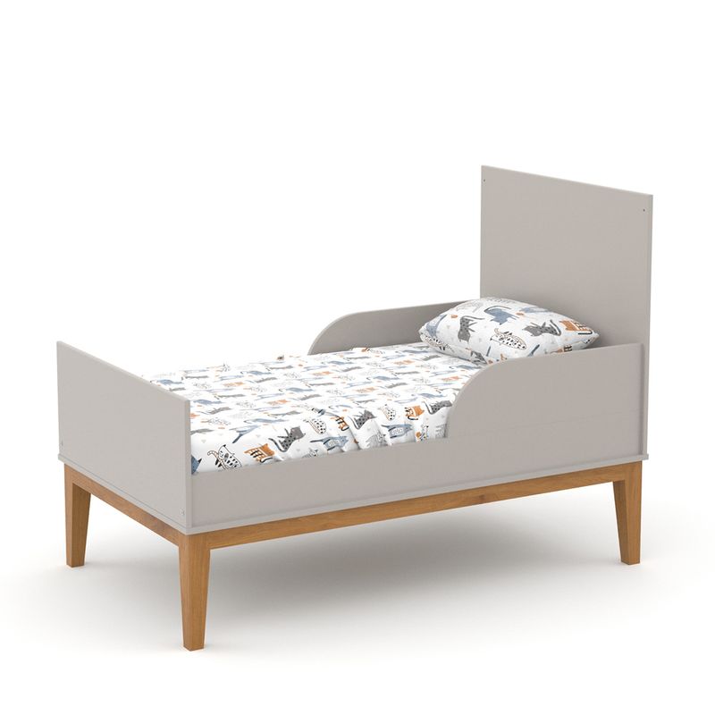 imagem de uma mini cama na cor cinza na base de eco wood