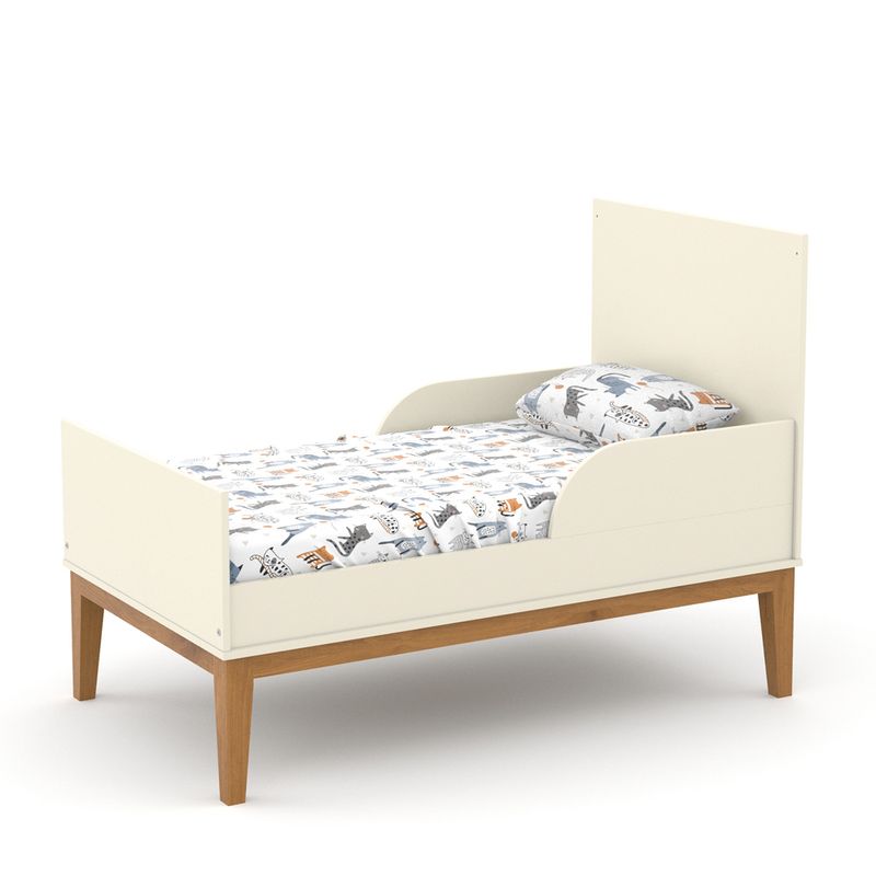 uma imagem de uma mini cama  na cor off white com base eco wood .