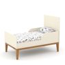 uma imagem de uma mini cama  na cor off white com base eco wood .