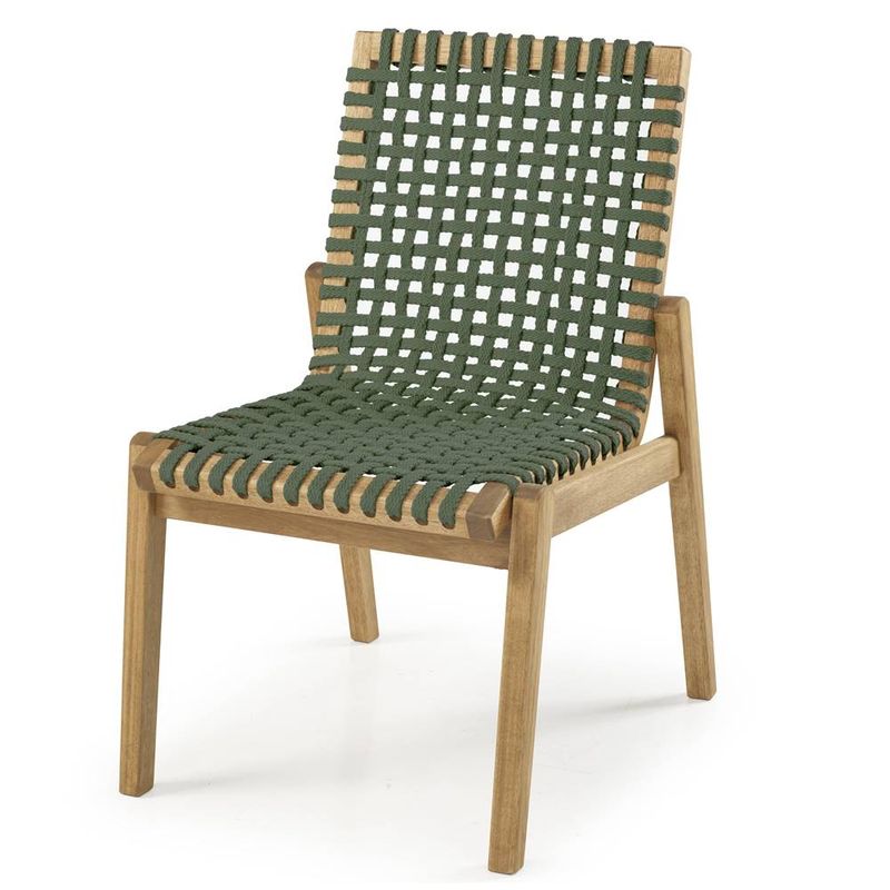 cadeira trama estrutura em madeira stain jatoba seu assento e encosto produzido em corda trançada na cor verde