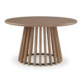 mesa de centro redonda em madeira maciça com acabamento verniz amendoa