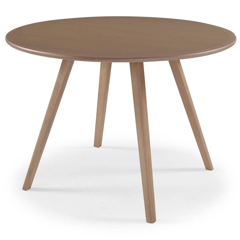 mesa redonda suez tampo e estrutura em madeira acabamento em verniz amendoa 110cm de largura