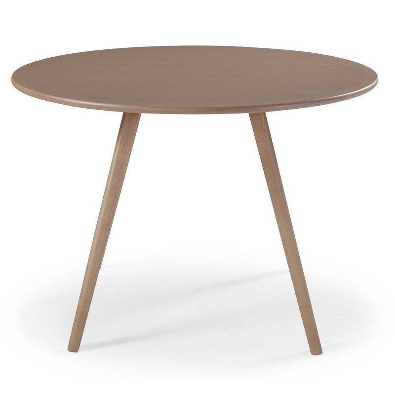 mesa redonda suez tampo e estrutura em madeira acabamento em verniz amendoa 110cm de largura