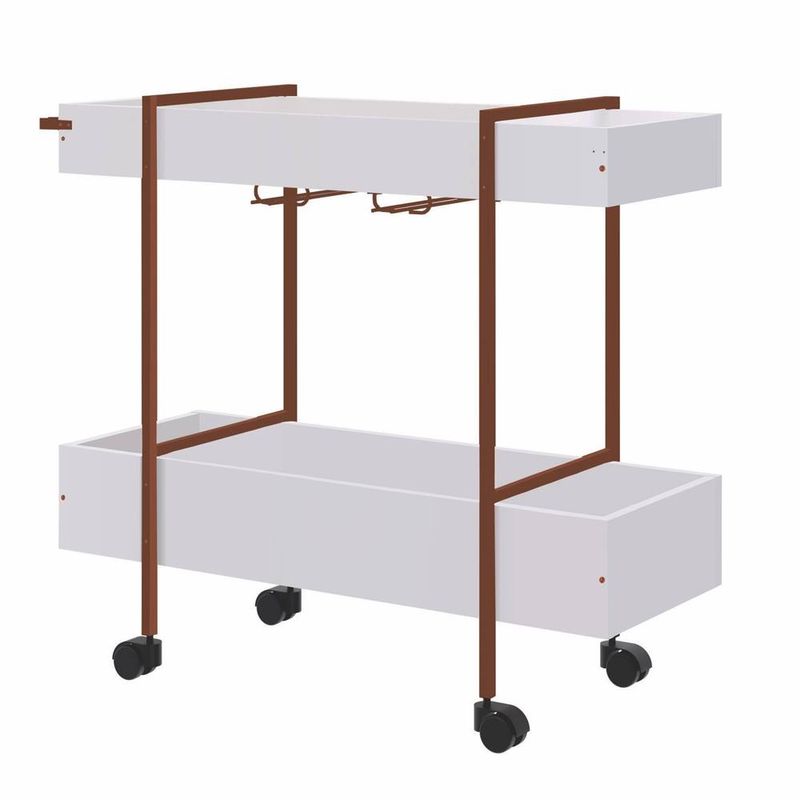 carrinho bar kea com 2 prateleiras em formato de caixa na cor branco estrutura em aço na cor cobre