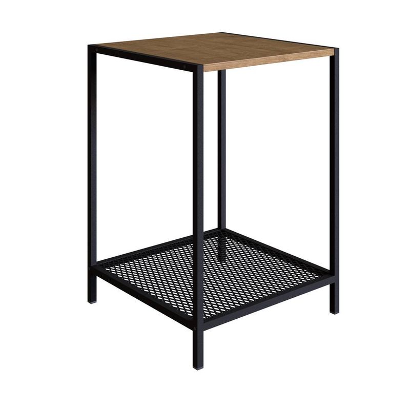mesa lateral tampo superior em madeira e prateleira inferior em aço na cor preto