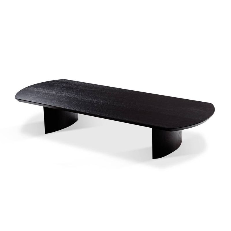 mesa de centro iolanda com tampo no formato oval tampo e base na cor carvalho preto 160cm de largura e 30cm de altura
