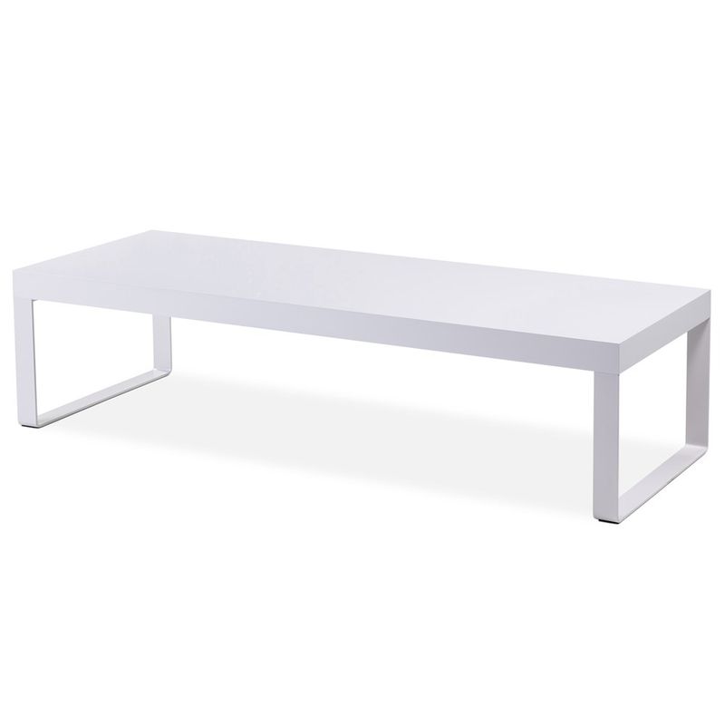 mesa de centro gap tampo em mdf e pés em aço carbono na cor laca branca brilhante e acetinada