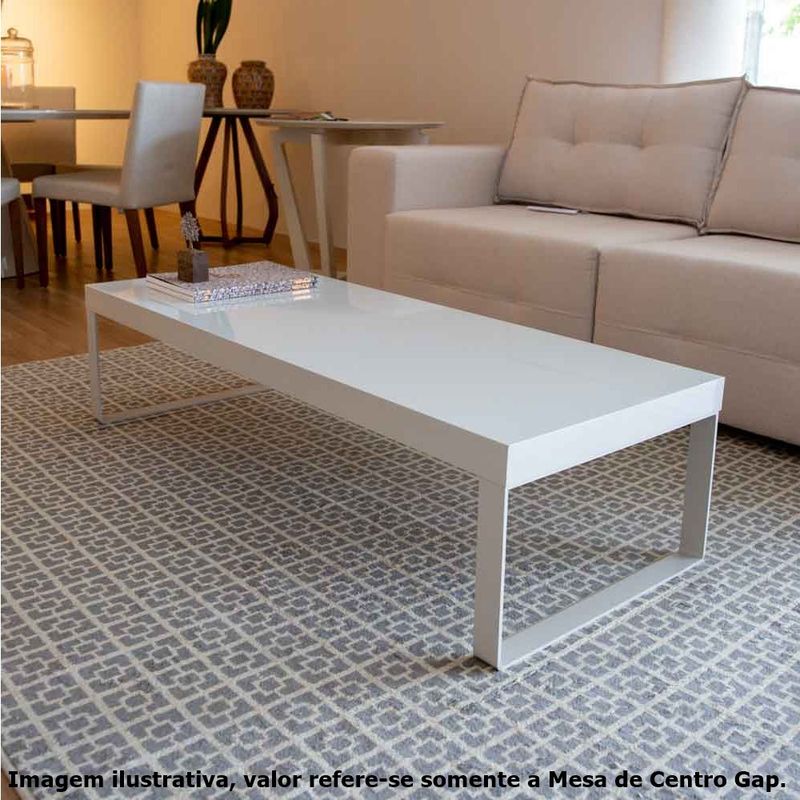 mesa de centro gap na cor off white  brilhante tampo em mdf base em aço 140cm de largura